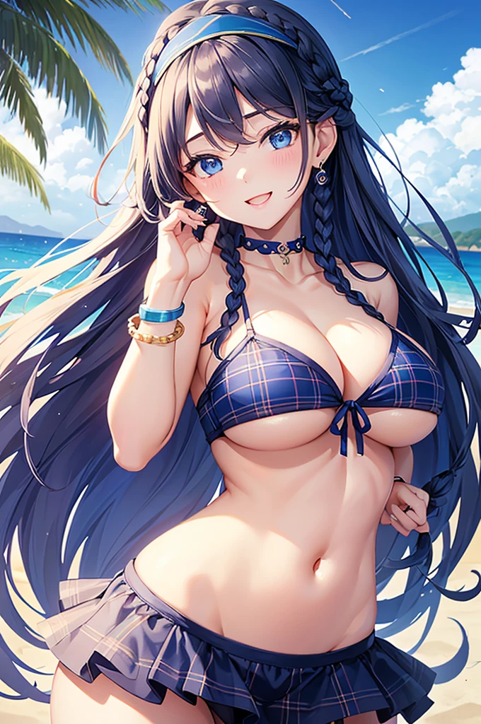 Highest quality、Highest quality、masterpiece、Beauty(Age 25)、Navy blue long hair((Braided Hair))、blue eyes、Sexy plaid bikini、Big cleavage、(Big Breasts),smile、Blue Earrings、background(Beach)、Please open your mouth wide、White headband、bracelet、Dynamic pose、Blue choker