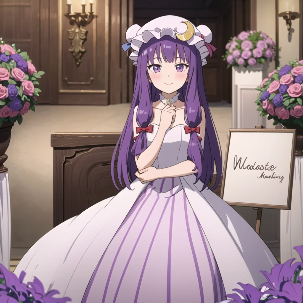 ((Masterpiece,best quality)), nonsense,
patchouli_knowledge, 1 girl, alone, purple hair, purple eyes, long hair,  Mob hat, Crescent hat ornament,
wedding dress, wedding, purple flowers, Blush, 
look at viewer, alone, smile,