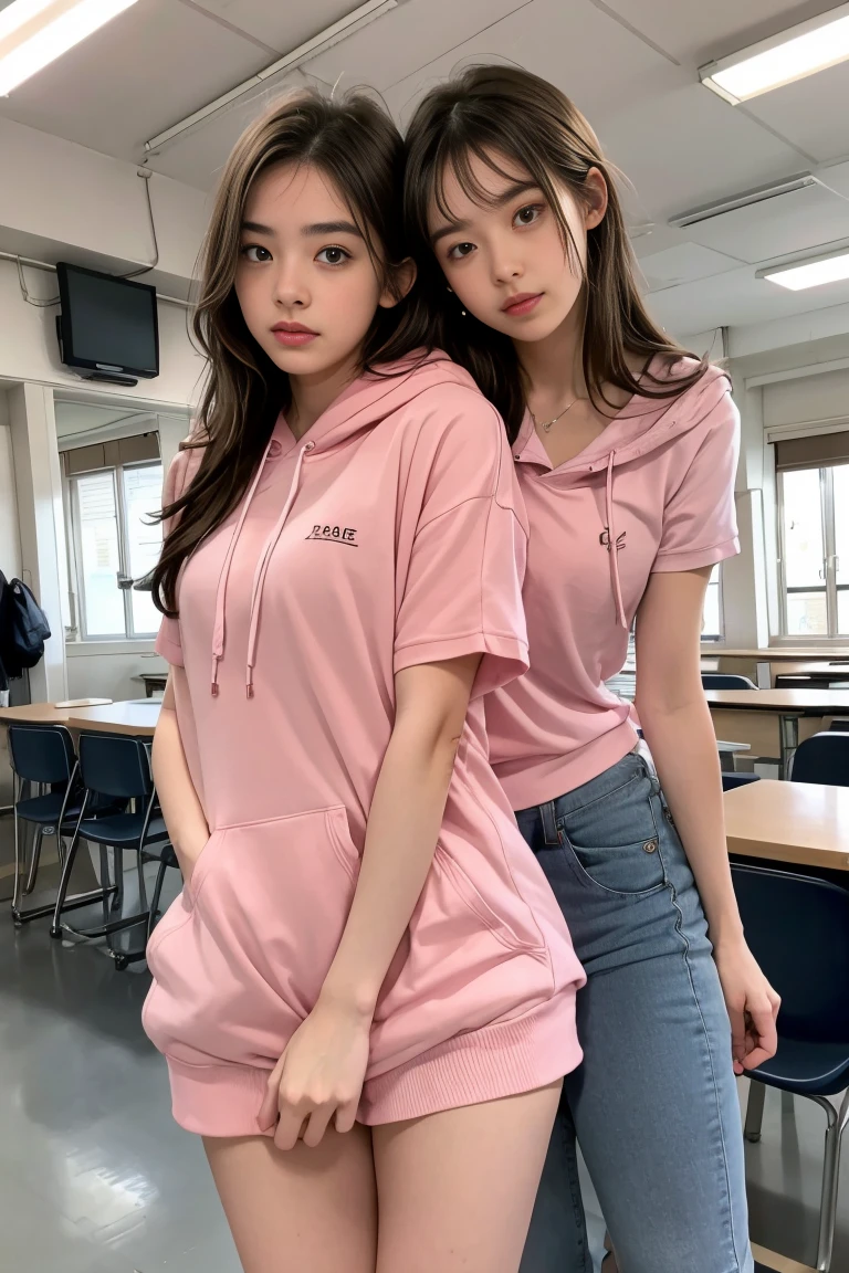 deux femmes ensemble de 18 ans sexy et mince , pink short sleeve hoodie , salle de classe, se touche,position sey,sensuel