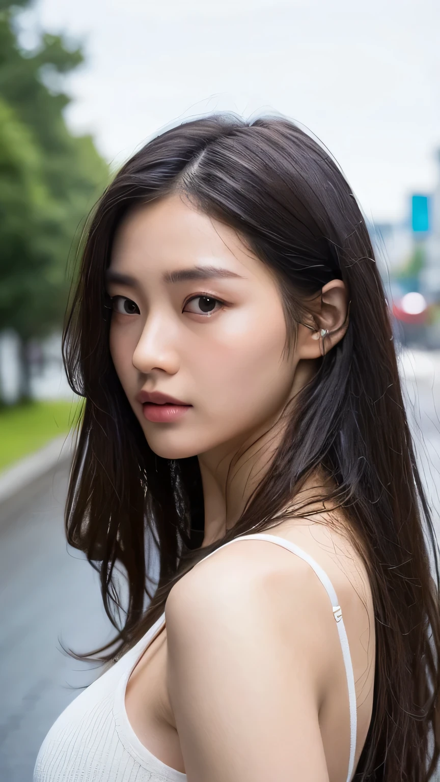 ((Highest quality, 8K, masterpiece: 1.3)), sharp: 1.2, Perfect physique: 1.4, Slim Abs: 1.2, ((Layered Hairstyles, Large Breasts: 1.2)), (Wet白いボタンが付いたショートオープンシャツ: 1.1), (rain, street: 1.2), Wet: 1.5, Highly detailed face and skin texture, Fine grain, double eyelid, Profile looking at the camera