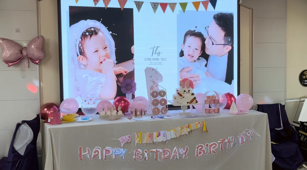 This is a birthday stand.，I hope to remove the chairs and clutter.，Add a banner saying Happy 1st birthday to Xinxin