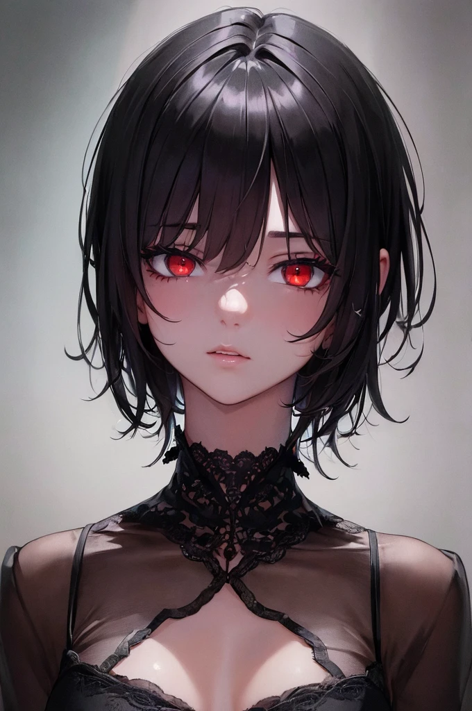 high res, (masterpiece:1.6), (((dark atmosphere))), dark lighting, (best quality:1.4), best illustration, best shadow, depth of field, detailed eyes, sharp pupils, best dark, beautiful, detailed face, 1girl, short, cute, black hair, red eyes, short hair