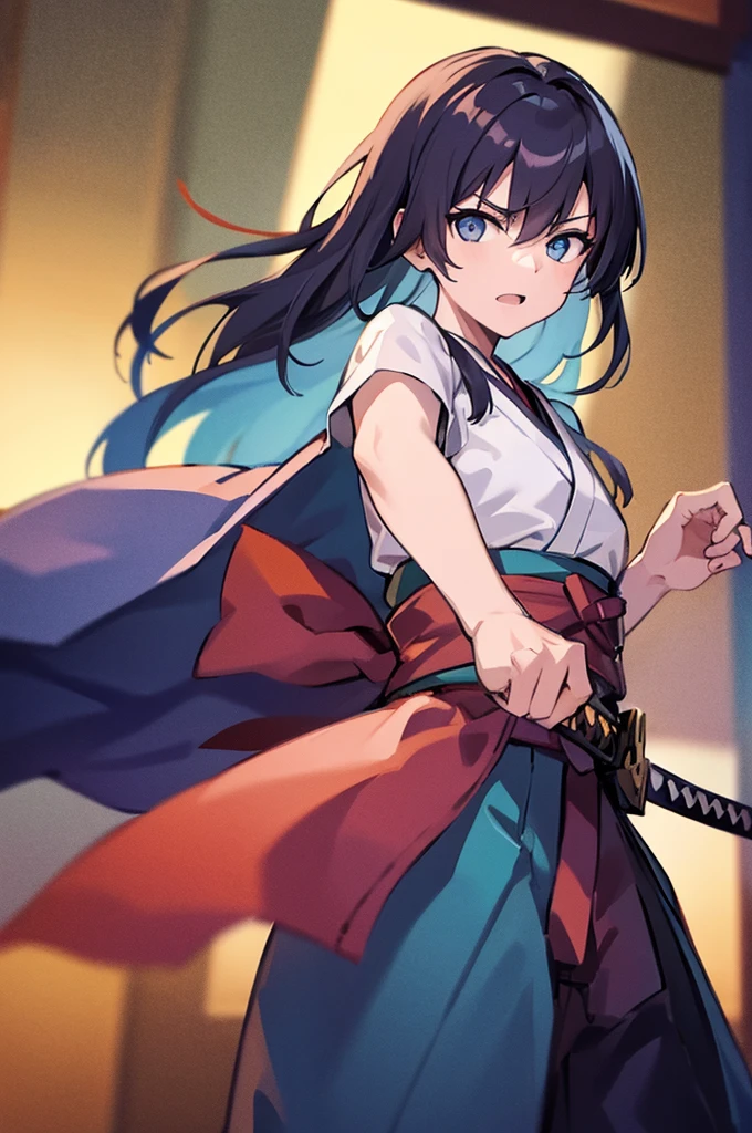 Highest quality, masterpiece, High resolution, alone, (Rurouni Kenshin: Saito Hajime),(Saito ‗Hajime),Shinsengumi,(Glaring Eyes),roar,((Dentitions)) , (Japanese sword),Iron Sword,thrust,Evening sky_background,Young Girl,Anime Style, Highest quality, 4K, masterpiece,, alone, 1,whole body,looking at the camera, Shinkai Makoto style, (dark blue_coat)Sharp Eyes,Low posture,(Full Finger), (Accurate fingertips), (The finer details), (Anatomically correct), (映画のbackground), Hyper Detail, (Subtle details), (Intricate details),