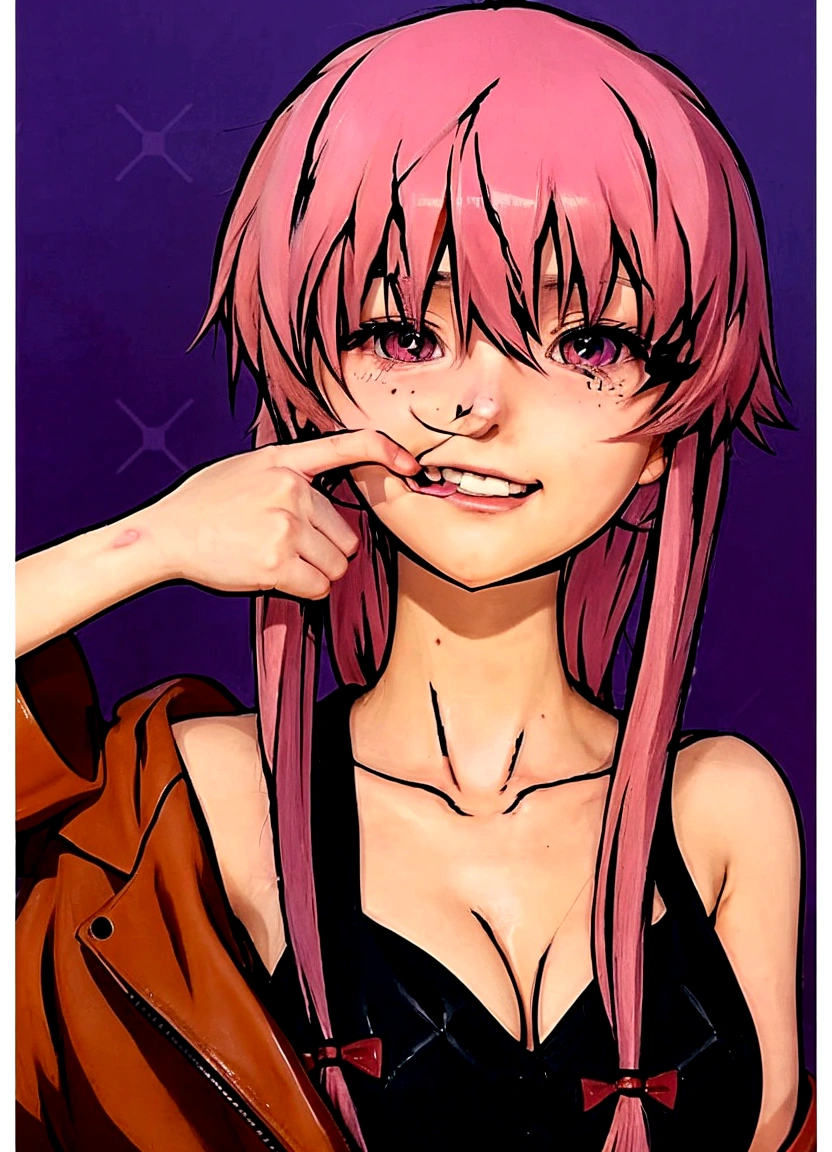 a young cartoon girl with pink hair and a leather jacket, Mirai Nikki, Gasai Yuno, with the index finger, seductive anime girl, Inspired by the future, anime moe art style, sensual smile, in an anime style, anime style character, winax anime style, Chica anime llamada Gasai Yuno, she has a nice expressive face