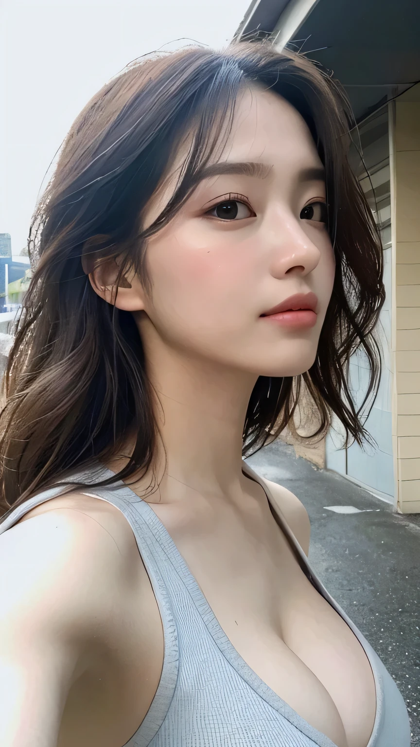 ((Highest quality, 8K, masterpiece: 1.3)), sharp: 1.2, Perfect physique: 1.4, Slim Abs: 1.2, ((Layered Hairstyles, Large Breasts: 1.2)), (Wet白いボタンが付いたショートオープンシャツ: 1.1), (rain, street: 1.2), Wet: 1.5, Highly detailed face and skin texture, Fine grain, double eyelid, Profile looking at the camera
