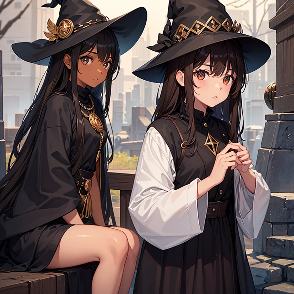 Girl with brown skin and dark brown medium hair and dark brown eyes and a black witch hat. Making a spell 