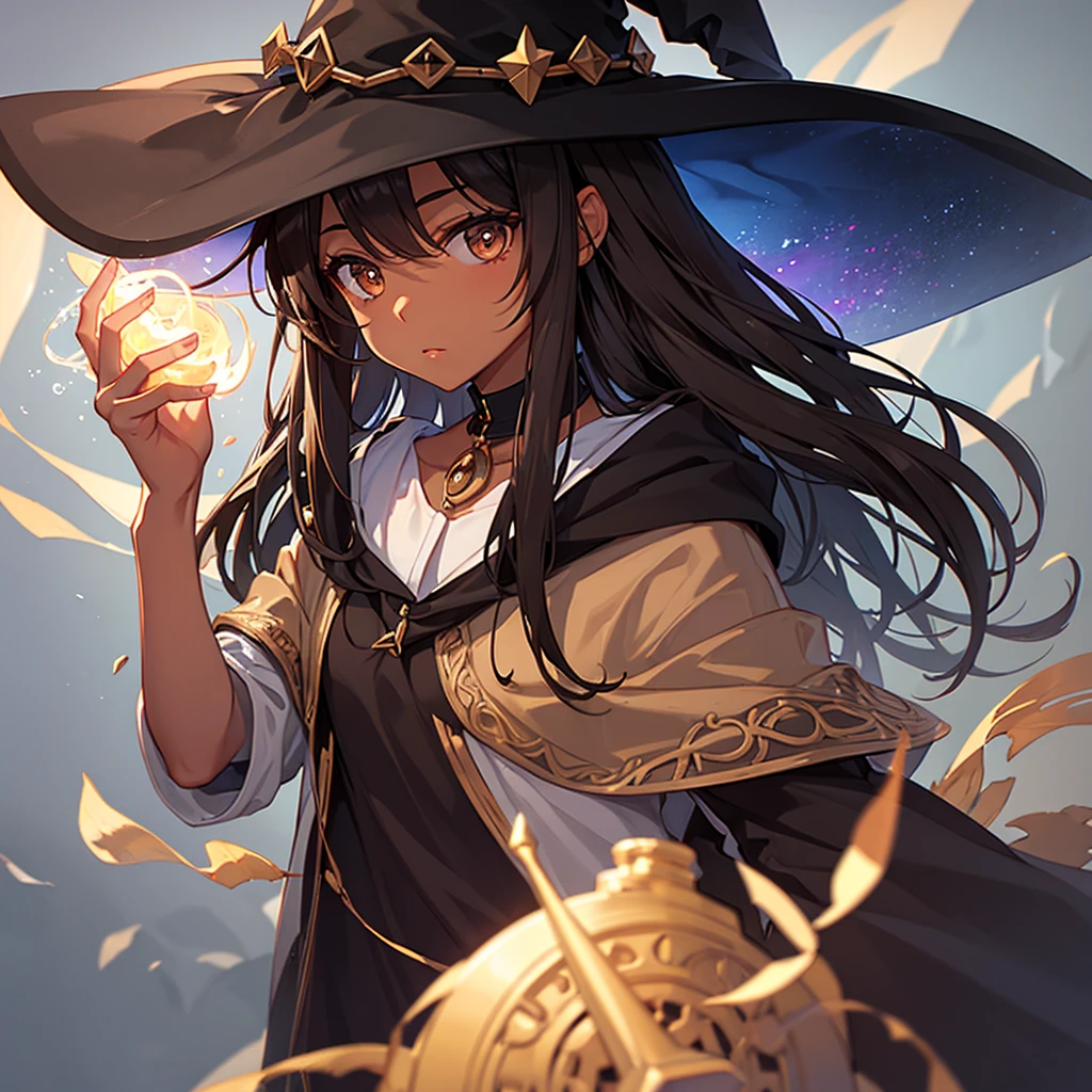 Girl with brown skin and dark brown medium hair and dark brown eyes and a black witch hat. Making a spell