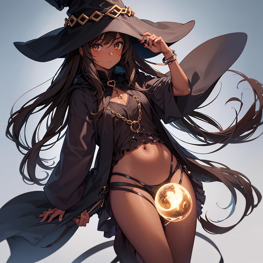 Girl with brown skin and dark brown medium hair and dark brown eyes and a black witch hat. Making a spell 