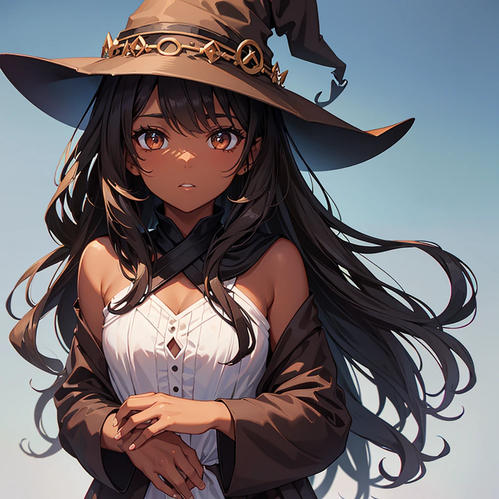 Girl with brown skin and dark brown medium hair and dark brown eyes and a black witch hat. Making a spell 