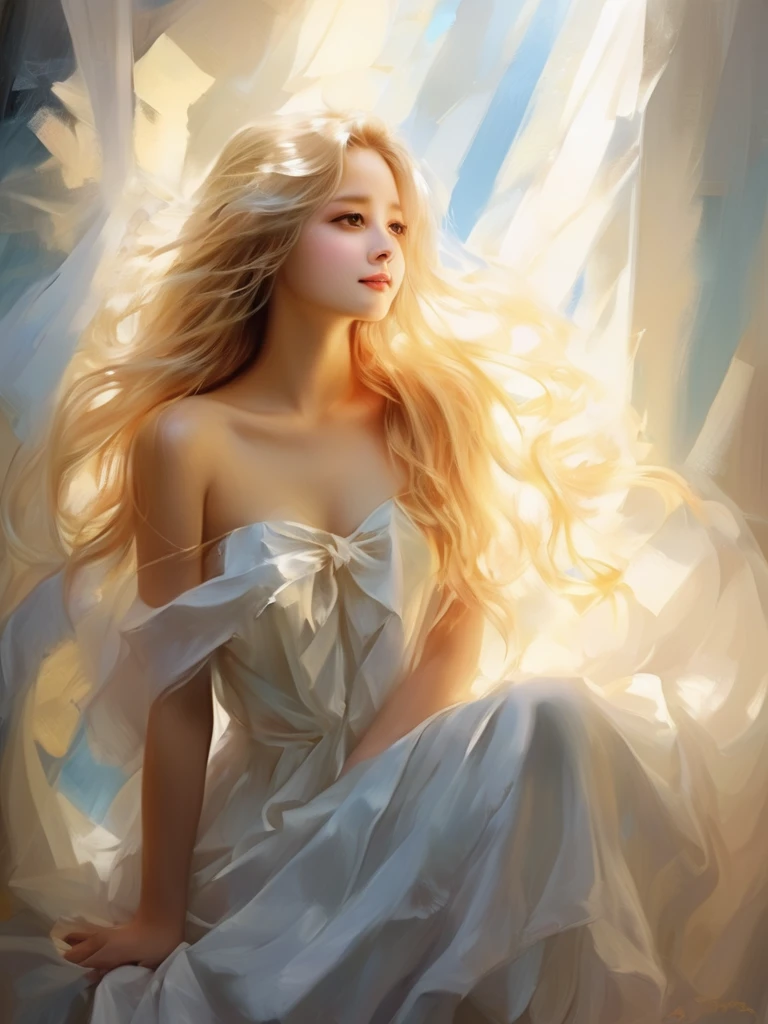 1 Angel Girl, Wings on your back、Blonde, Long Hair, alone、magic, Strapless White Dress、Hopeful Face、