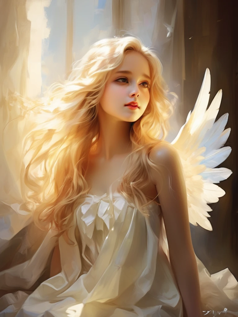 1 Angel Girl, Wings on your back、Blonde, Long Hair, alone、magic, Strapless White Dress、Hopeful Face、