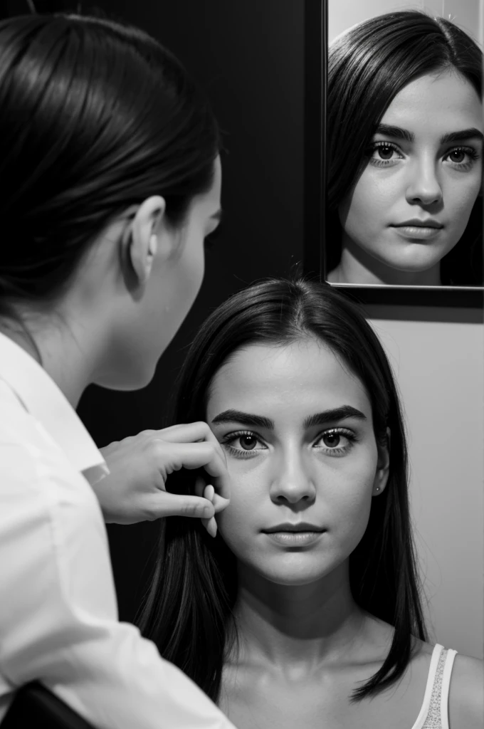 Selfie noir et blanc d'une fille face à un miroir téléphone cachant son visage