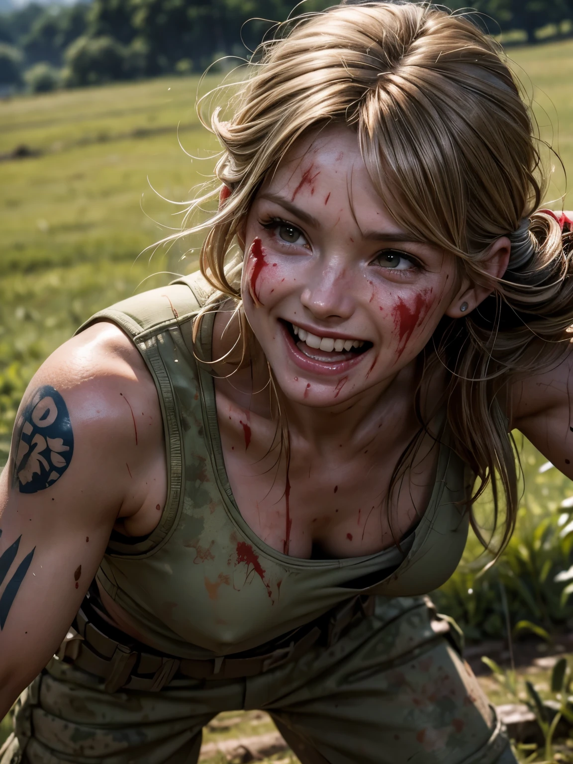 Helen Skelton, Vietnam War era, close-up action shot from ground level, naked US soldier, tattoos, laughing, sweating, damp hair, bloodied and bruised, sunny, M16, on a bloody battlefield, mud, explosion, fires