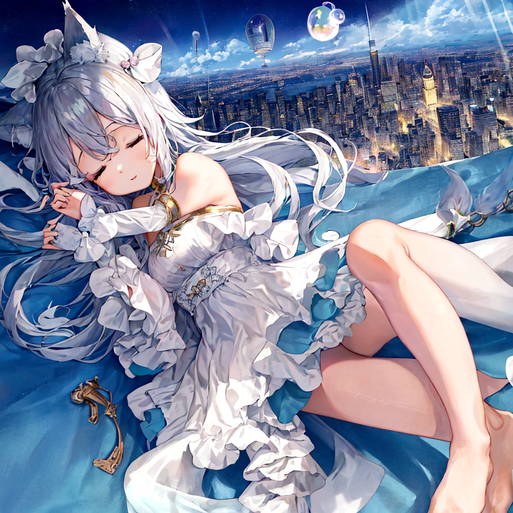 City of Dreams,One girl,transparent building,Cityscape above the clouds,Gravity-defying waterfall,Sleeping Wolf,(Dream Bubble:0.8)。