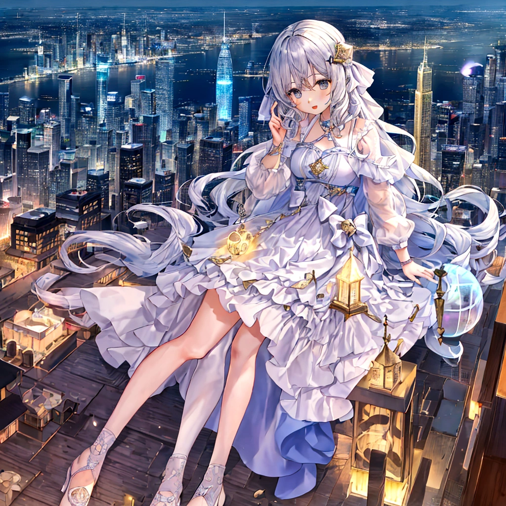 City of Dreams,One girl,transparent building,Cityscape above the clouds,Gravity-defying waterfall,Sleeping Wolf,(Dream Bubble:0.8)。