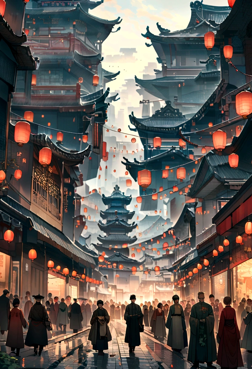 Chinese traditions,Solar term valley rain,Green little fresh,There are dewdrops on the leaves,Illustration style,No red,The bustling streets of Chang'an city, filled with carriages and bustling crowds, with palaces faintly visible in the distance.