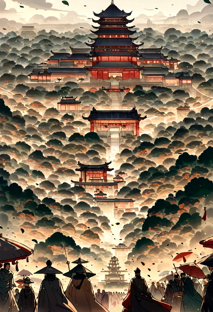 Chinese traditions,Solar term valley rain,Green little fresh,There are dewdrops on the leaves,Illustration style,No red,The bustling streets of Chang'an city, filled with carriages and bustling crowds, with palaces faintly visible in the distance.