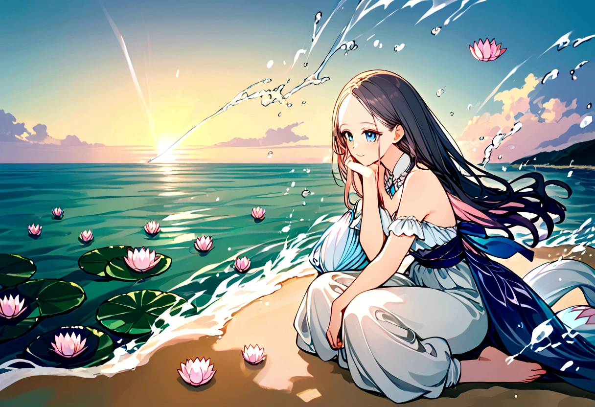 ((((High resolution and high quality)), One girl, smile, Sitting, (((Lotus, Gentle bag))), [Minimal accessories]), waterworks, Wave, Ocean, Ocean, water effects, ((subtle water splash, Gentle splashes), Delicate yet sophisticated water, Soft Focus, Natural light, Outdoor, Beach, sand, ((Diffused sunlight))), High waist, flowing pants, Elegant attire, Contrast with the blue water, ((Soft Focus on face))), Age 25, Relaxed posture, Serene atmosphere, peaceful, Wave紋のない水, ((Wave紋なし))), Gentle Reflection, calm and peaceful, Water Peace