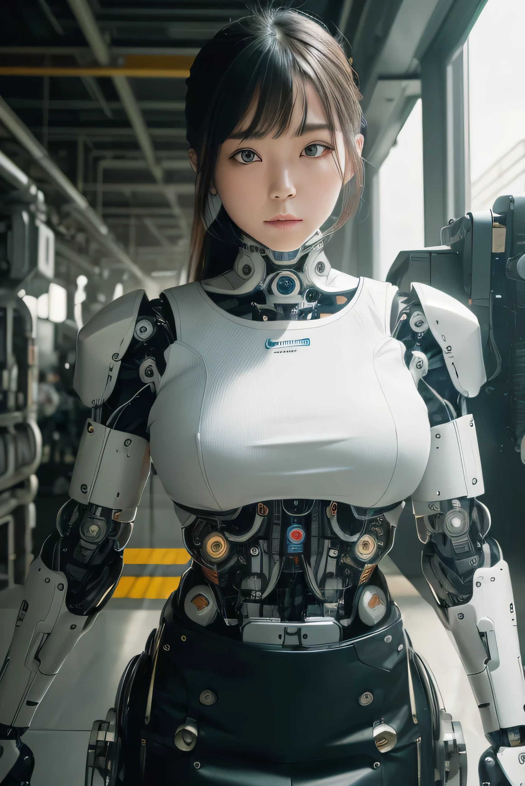 masterpiece, best quality, extremely detailed, Japaese android girl,Plump ,control panels,android,Droid,Mechanical Hand, Robot arms and legs,Blunt bangs,perfect robot girl,white robot body,mechanical neck,long tube,thick cable connected her neck,android,robot,humanoid,cyborg,japanese cyborg girl ,robot-assembly plant,She has assembled now,assembly scene,chest monitor,leather skirt,blue eyes,