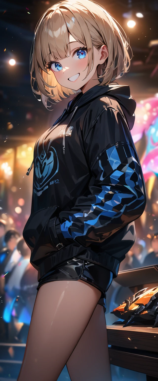 (((One girl))), Shibuya, blond hair, bob cut, ((face in focus)), (looking at viewer), , teenagetilt:1.3, (((blue eye))), wide-eyed, (from side), hand in pocket, ((happy smile)), black hoodie:1.3, black shorts:1.3, anime style, (best quality, 4k, 8k, highres, masterpiece:1.2, ultra-detailed, ultra-detailed eyes, HDR, UHD, studio lighting, ultra-fine painting, sharp focus, physically-based rendering, extreme detail description, professional, vivid colors, bokeh)