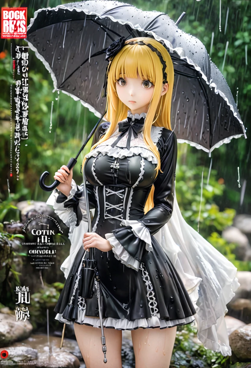 Magazine cover(masterpiece, best quality:1.2), 1 girl holding an umbrella, solitary,Wet body,blond((Exquisite eyes))((gothic_Lolita))outdoor,rain(HD)((best quality)), ((Surrealism))