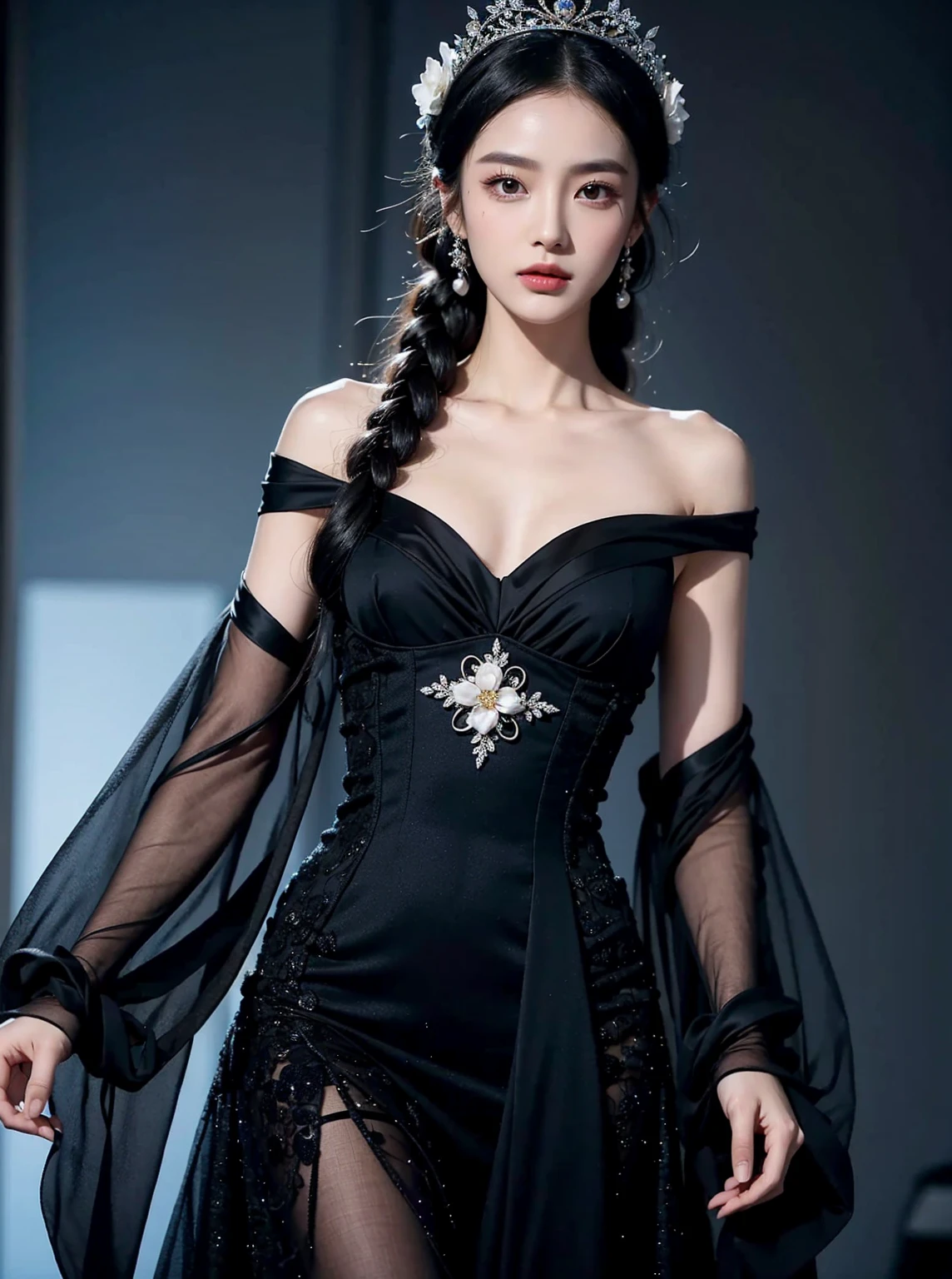 A woman wearing a black dress with a flower on her chest, Inspired by Liu Haisu, 2 0 2 0 fashion, High Fashion Haute Couture, high fashion design, Inspired by Tang Yifen., Haute couture fashion, complicated dress, Works inspired by Fei Danxu, Intricate fantasy dress, Chassis, Glamorous Runway Models, Dilabba Dilmurat, Kai Xukun, mini tiara, close up