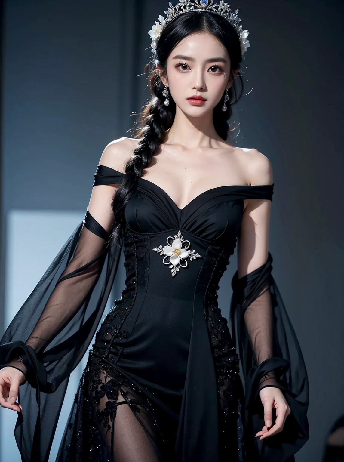 A woman wearing a black dress with a flower on her chest, Inspired by Liu Haisu, 2 0 2 0 fashion, High Fashion Haute Couture, high fashion design, Inspired by Tang Yifen., Haute couture fashion, complicated dress, Works inspired by Fei Danxu, Intricate fantasy dress, Chassis, Glamorous Runway Models, Dilabba Dilmurat, Kai Xukun, mini tiara, close up