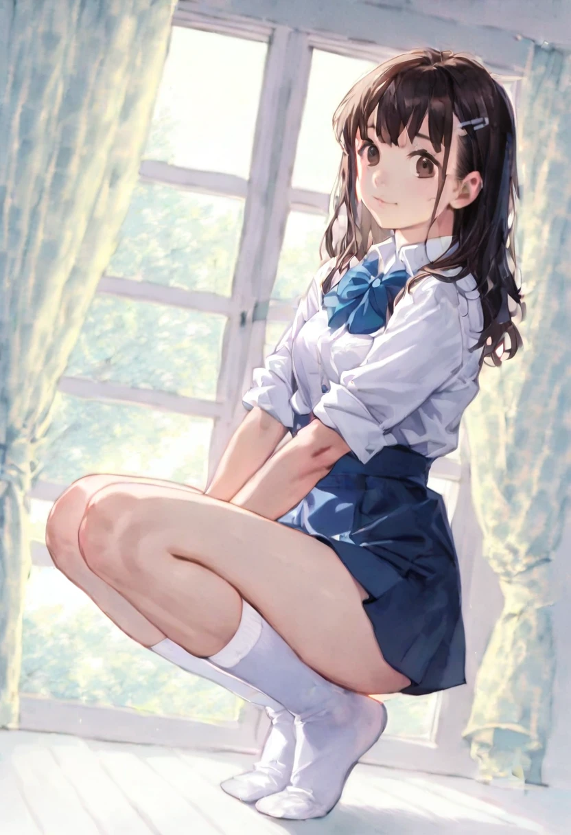 (Photorealistic: 1.4), (超Realisticな: 1.4), (Realistic: 1.3), (Smooth lighting: 1.05), (Improving Cinema Lighting: 0.9), 32k, A Japanese woman with a faint smile, Realistic lighting, Backlight, Face Light, Ray Tracking, (Bright light: 1.2), (Quality improvement: 1.4), ( Highest quality realistic textured skin: 1.4), Fine grain, Detailed face, Quality Eyes, Dark brown eyes, (tired, Sleepy and satisfied: 0.0), Faint lighting, White blouse, bow tie, Navy Blue Skirt, White silk ankle socks with the edges rolled up, White Background, Squatting on the bed with your feet up
