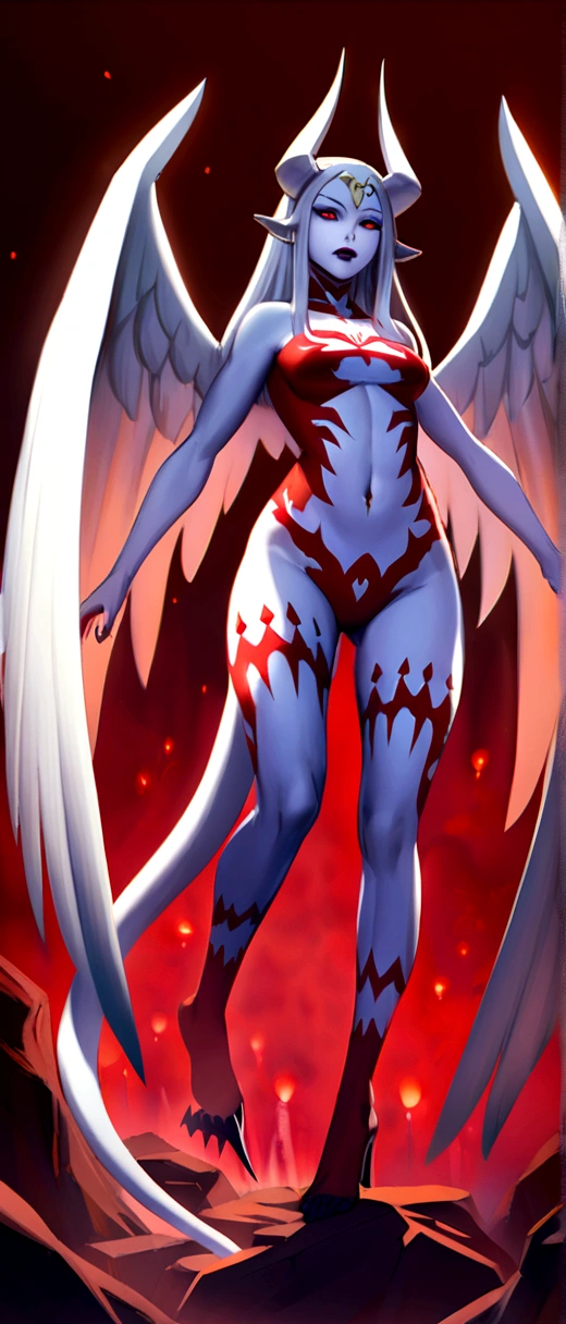 Female vampire,queen, sucubus, full body, pale white skin, big white wings, folded wings, horns, red aura, red eyes, hanya horns, battle god, tatooed thigh, top, red body runes, long tail, strong arms