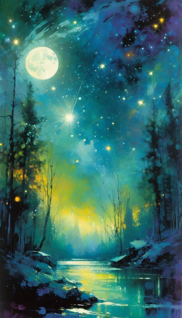 magic, fantastic, night sky, moon, stars, background, (art inspired in Bill Sienkiewicz). oil painting)