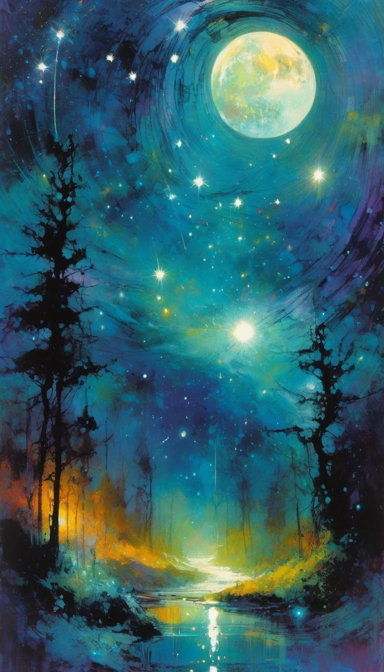 magic, fantastic, night sky, moon, stars, background, (art inspired in Bill Sienkiewicz). oil painting)
