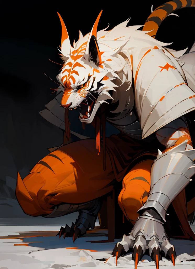 1Big whiteorange royal tigerhuman, scarry,red blood ,big claw, hunger, frozen blackground, stronger, animal, stand on to legs, big, old,snow cloth, lycan, fantasy, wearing armor coat, 