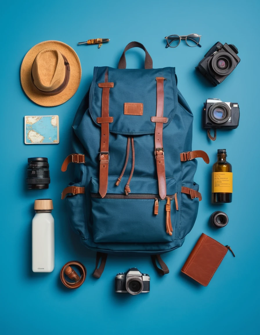 travel accessories, backpack, on blue background #9AC8EB et rose #DB6A8F très réaliste haute qualité 8k ajouter valise