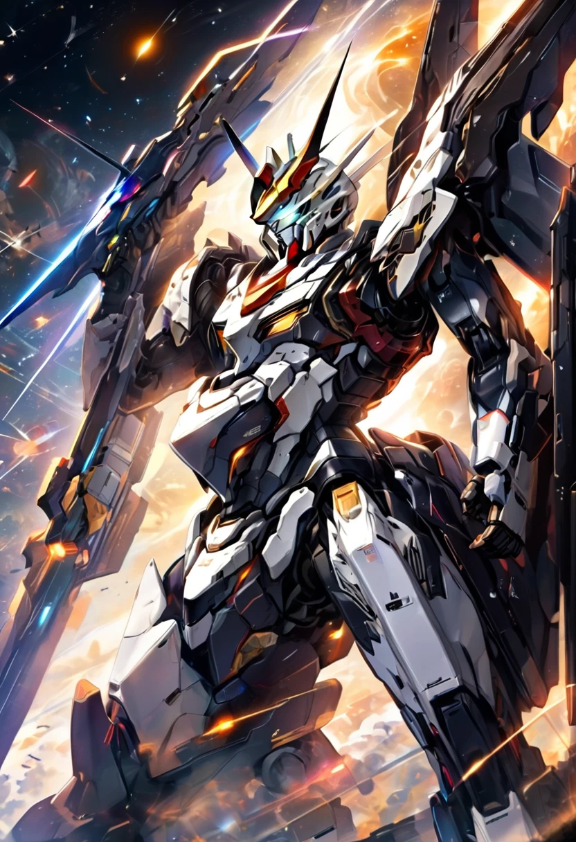 universe space、Facing the enemy、Two planes are fighting、Draw the whole body、Draw two planes fighting、They are locked in a beam sabre duel.、8 heads、Gundam、A depiction of the fighting from the side、Draw at the same size、One is white-based and the other is black-based
