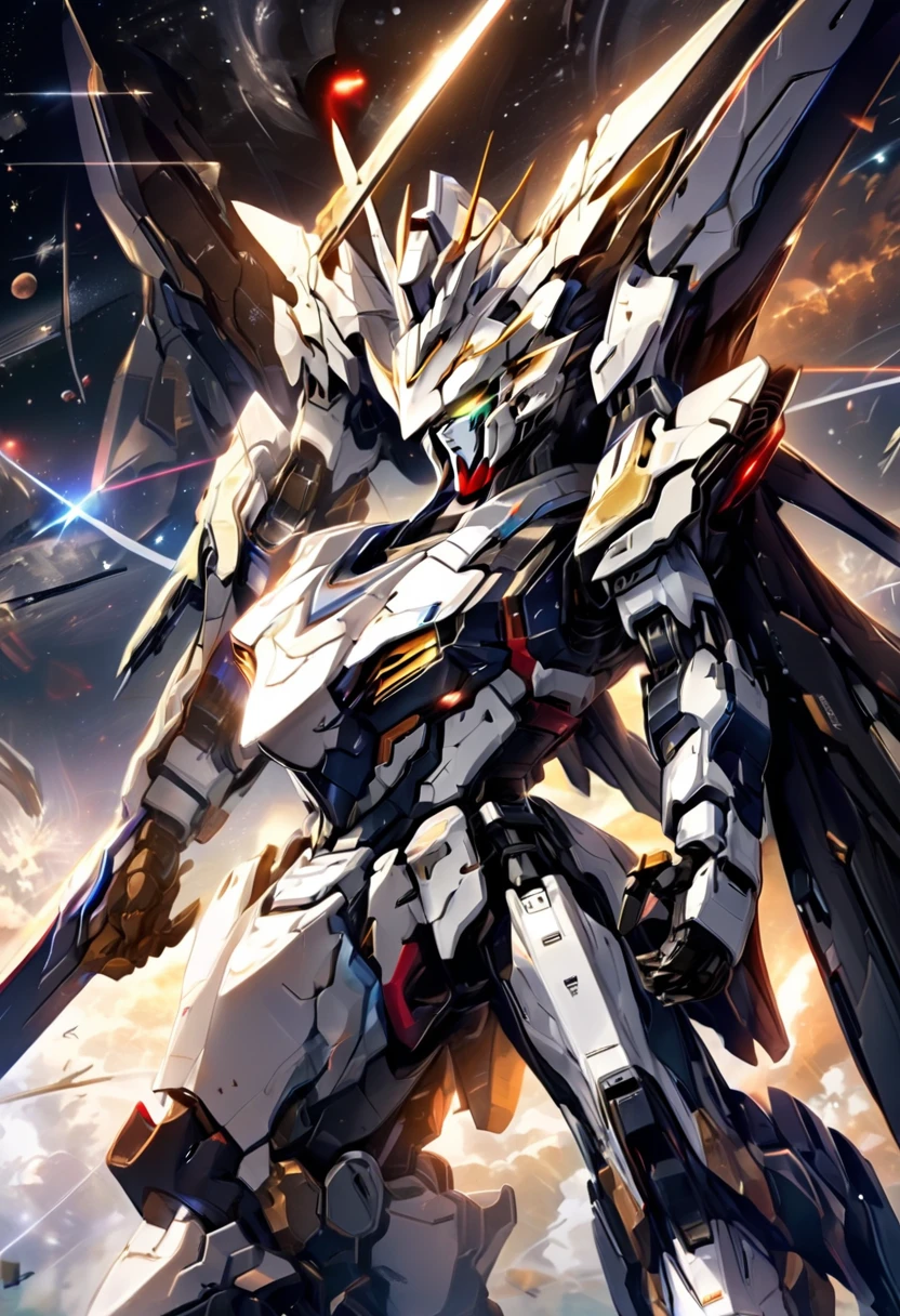 universe space、Facing the enemy、Two planes are fighting、Draw the whole body、Draw two planes fighting、They are locked in a beam sabre duel.、8 heads、Gundam、A depiction of the fighting from the side、Draw at the same size、One is white-based and the other is black-based