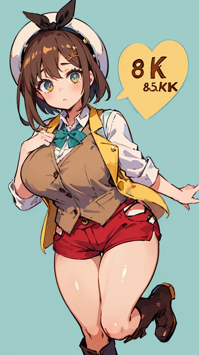 (Highest quality, 8K, masterpiece :1.3),Lizaリン・シュタウト(Lizaのアトリエ),Liza,Plump, One woman,Large Breasts,short hair,Brown Hair,hair band,Clothing,hat,White shirt,Yellow and white vest,Red shorts,Brown long boots