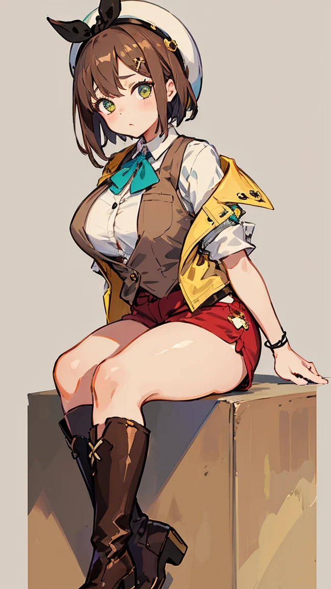 (Highest quality, 8K, masterpiece :1.3),Lizaリン・シュタウト(Lizaのアトリエ),Liza,Plump, One woman,Large Breasts,short hair,Brown Hair,hair band,Clothing,hat,White shirt,Yellow and white vest,Red shorts,Brown long boots