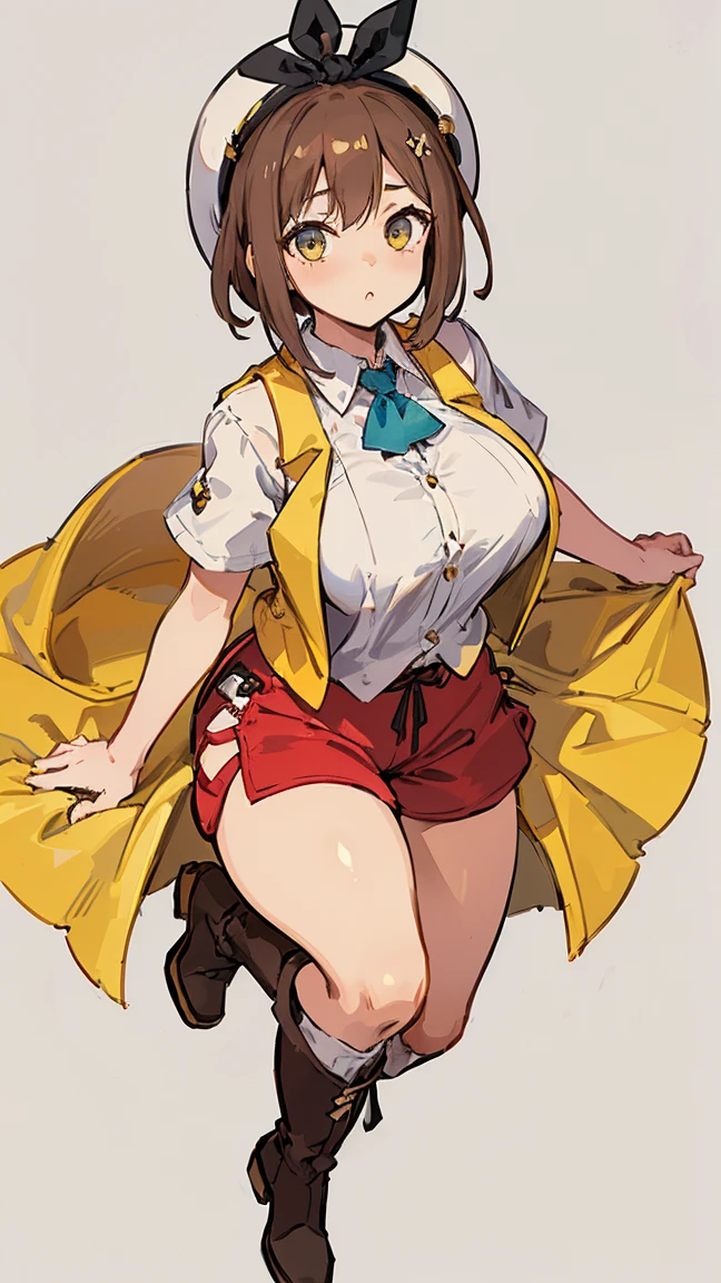 (Highest quality, 8K, masterpiece :1.3),Lizaリン・シュタウト(Lizaのアトリエ),Liza,Plump, One woman,Large Breasts,short hair,Brown Hair,hair band,Clothing,hat,White shirt,Yellow and white vest,Red shorts,Brown long boots