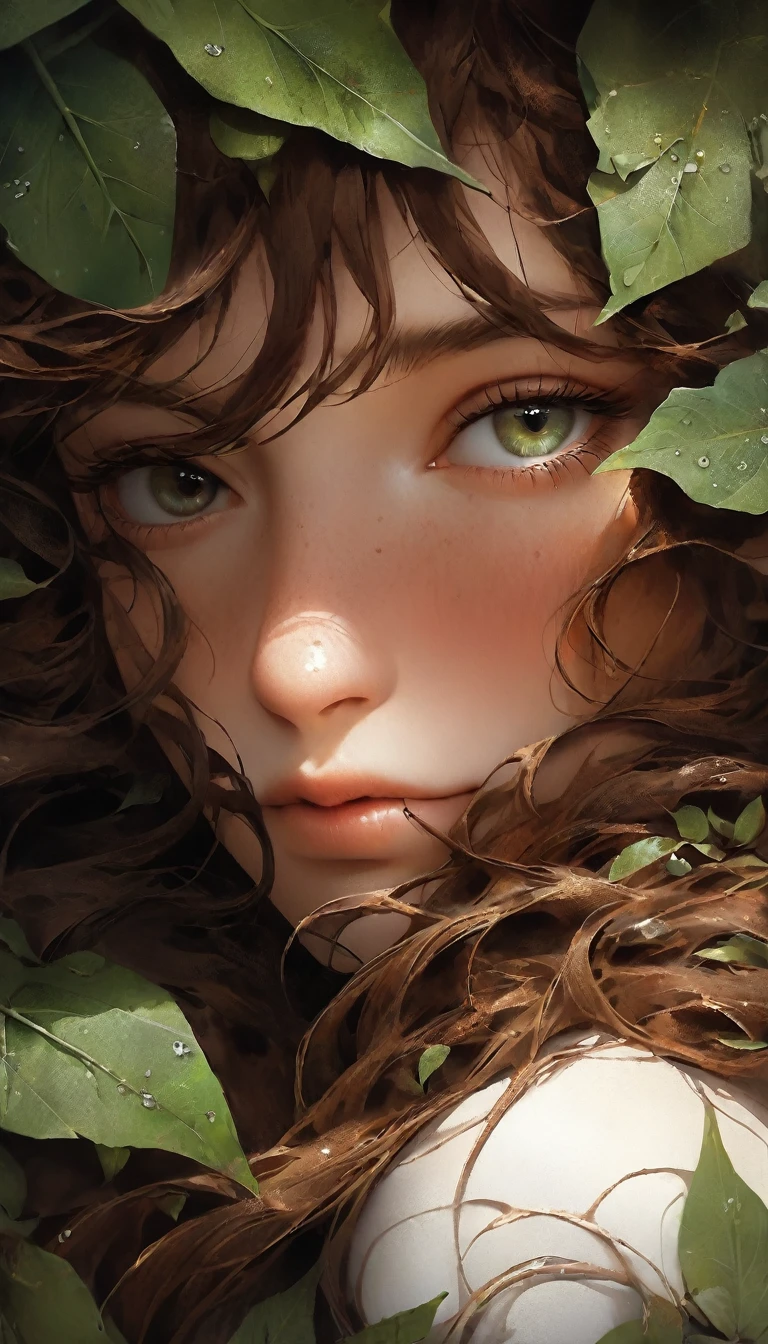 portrait of a unique breathtaking and beautiful woman face close-up, stunning detail, hyper detailed eyes, detailed skin with a flawless texture delicate and refined, smooth hair elegantly draped around her neck, subtle freckles on her nose, fullness of her lips, covered with leafs, captured in masterful composition, lighting accentuate her natural beauty, gentle shadows and highlights, incredible skill and attention to detail, nuance and detail, supersharp focus, Carne Griffiths, Conrad Roset, annie leibovitz, (hyperdetailed:1. 15), (soft light, sharp:1. 2), (Hasselblad masterclass:1. 1)