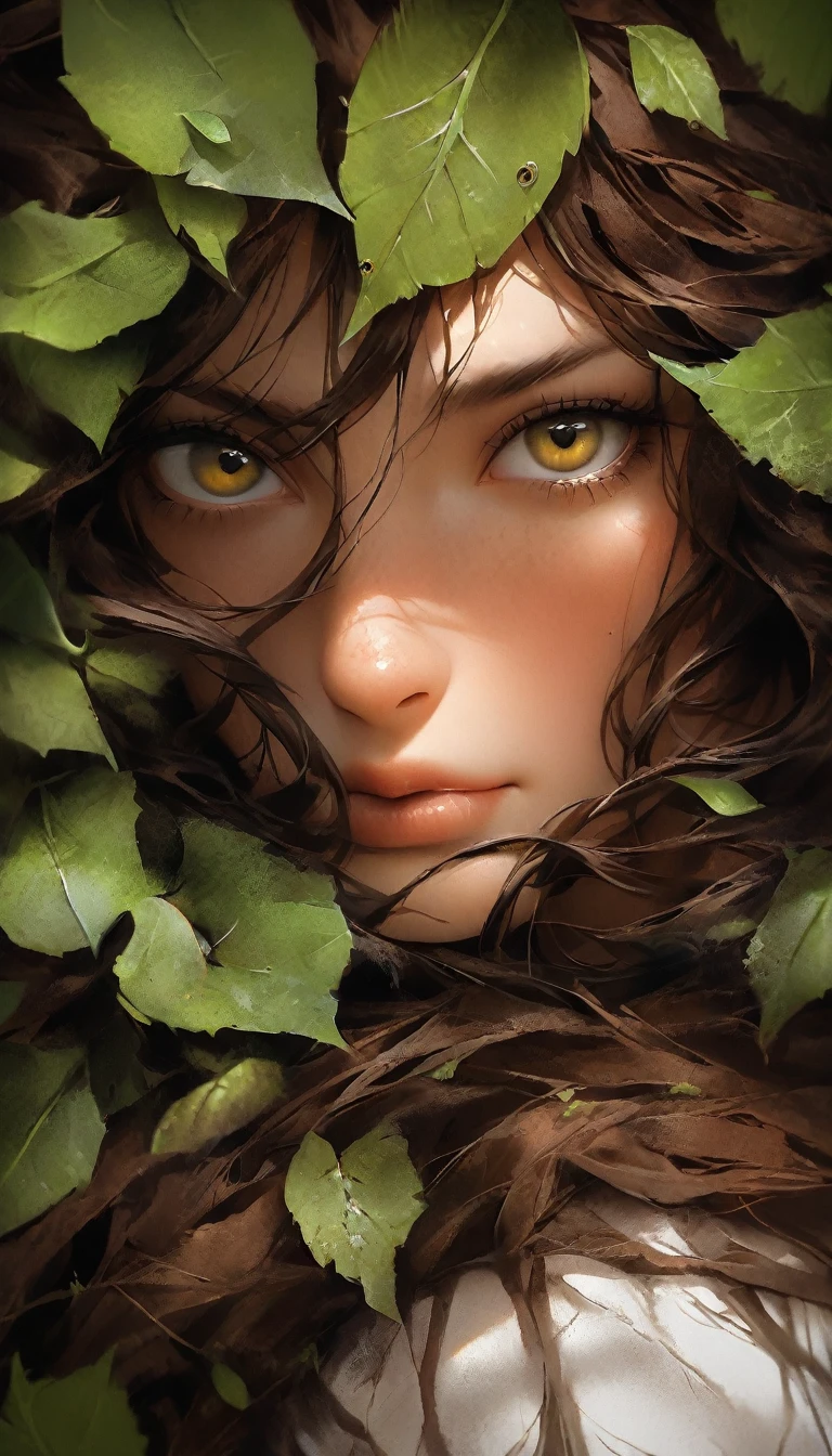 portrait of a unique breathtaking and beautiful woman face close-up, stunning detail, hyper detailed eyes, detailed skin with a flawless texture delicate and refined, smooth hair elegantly draped around her neck, subtle freckles on her nose, fullness of her lips, covered with leafs, captured in masterful composition, lighting accentuate her natural beauty, gentle shadows and highlights, incredible skill and attention to detail, nuance and detail, supersharp focus, Carne Griffiths, Conrad Roset, annie leibovitz, (hyperdetailed:1. 15), (soft light, sharp:1. 2), (Hasselblad masterclass:1. 1)