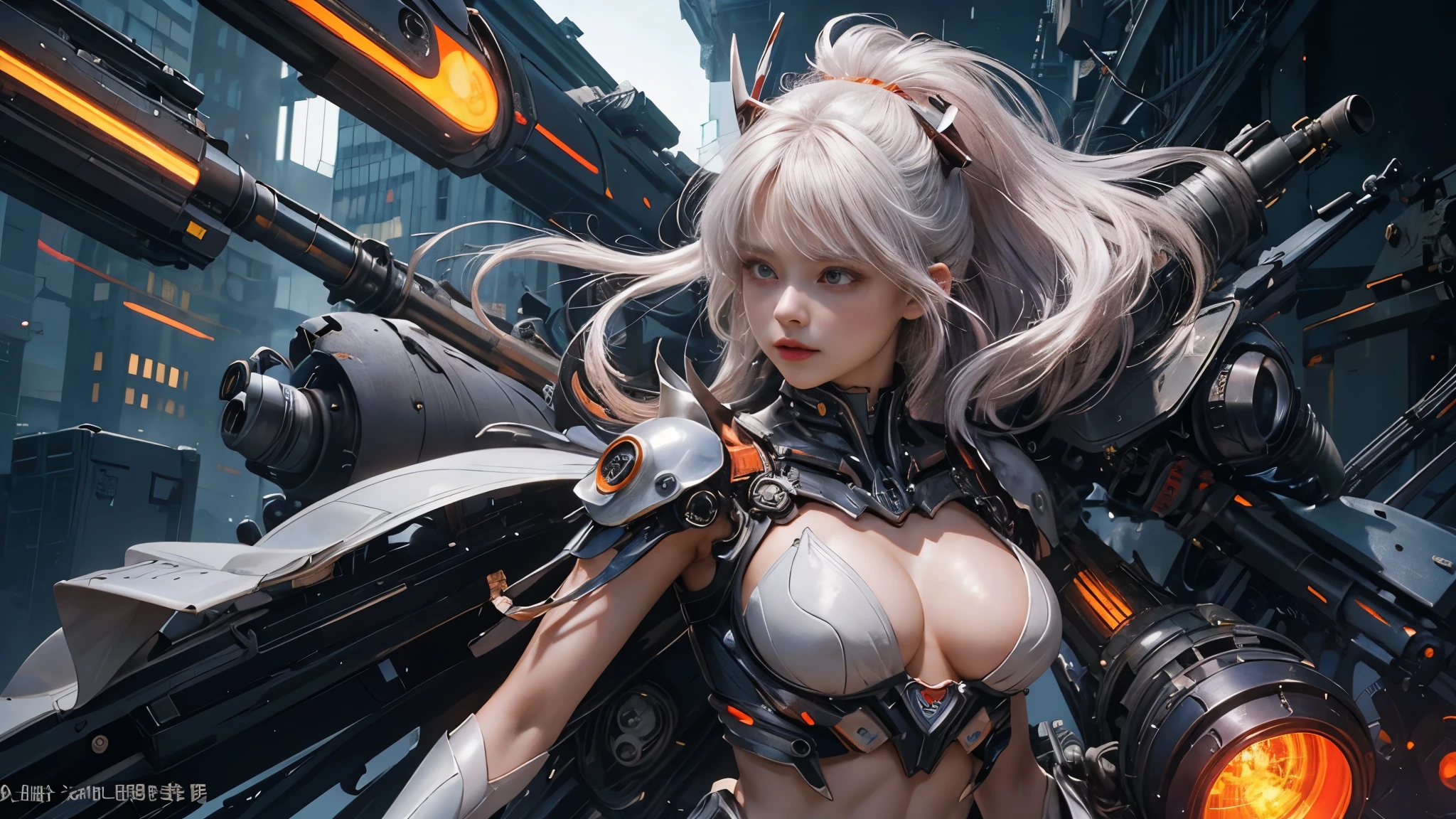 white hair、Silver hair with pink gradients、long fluttering hair、strong breeze、Orange Eyes、radiant eyes、Evangelion Girl、small 、Bree small and B size、The face and chest are alive、Cleavage ie。photoRealstic、portfolio、Evangelion-style metal mecha suit、an oppai cyberpunk、Gothloli detailetalic、detailed mechanical components、Bundle of thin tubeetal cylinder、Detailed neon、Fine LED、Top quality microcomponents、Delicate orange and black suit wrapped in machine、A large mechanical weapon protecting her in the background、Hair that flutters in the wind、full body,big tits