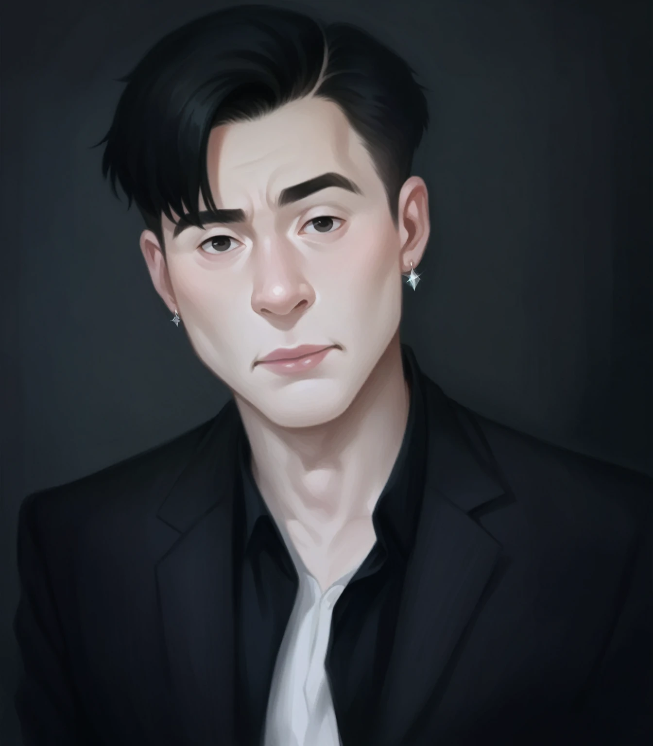 1 gentleman only, /(Black Suit/), /(Bblack hair/) franja na lateral from head, Caucasian skin, pink lips,fine nose,(masterpiece best quality:1.2) ultra-detailed delicate illustration, wears diamond earrings in her left ear /(The background of the image is dark gray/) he has features of Asian origin disney pixar style