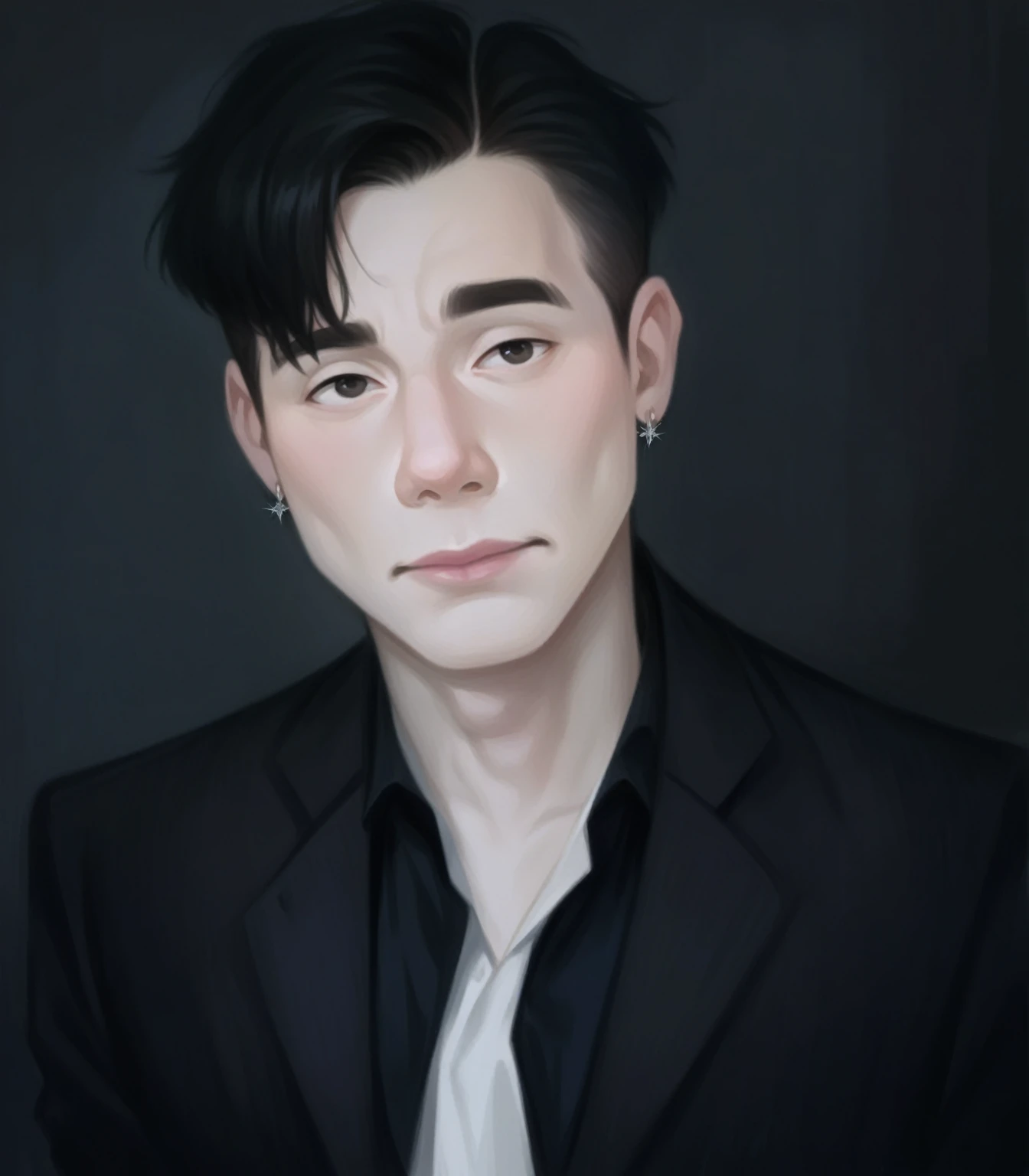 1 gentleman only, /(Black Suit/), /(Bblack hair/) franja na lateral from head, Caucasian skin, pink lips,fine nose,(masterpiece best quality:1.2) ultra-detailed delicate illustration, wears diamond earrings in her left ear /(The background of the image is dark gray/) he has features of Asian origin disney pixar style