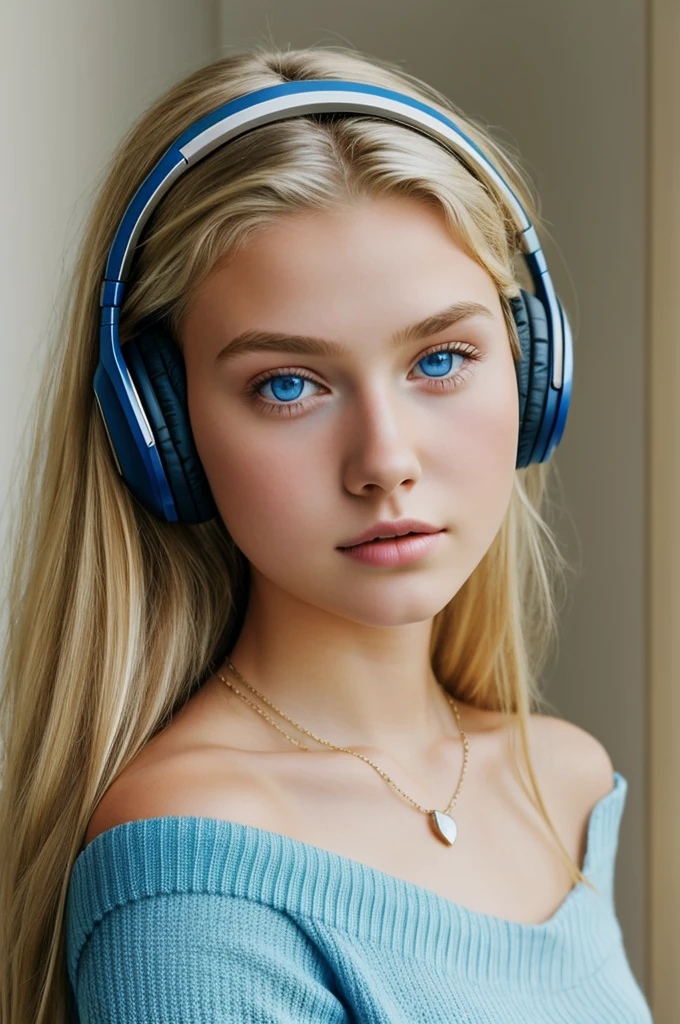 One Girl, Age 1５age, alone, Long Hair, huge , View your viewers, Blonde, Bare shoulders, Blue eyes, gem, whole body, necklace, Off the shoulder, sweater, Realistic, Sexy、headphone