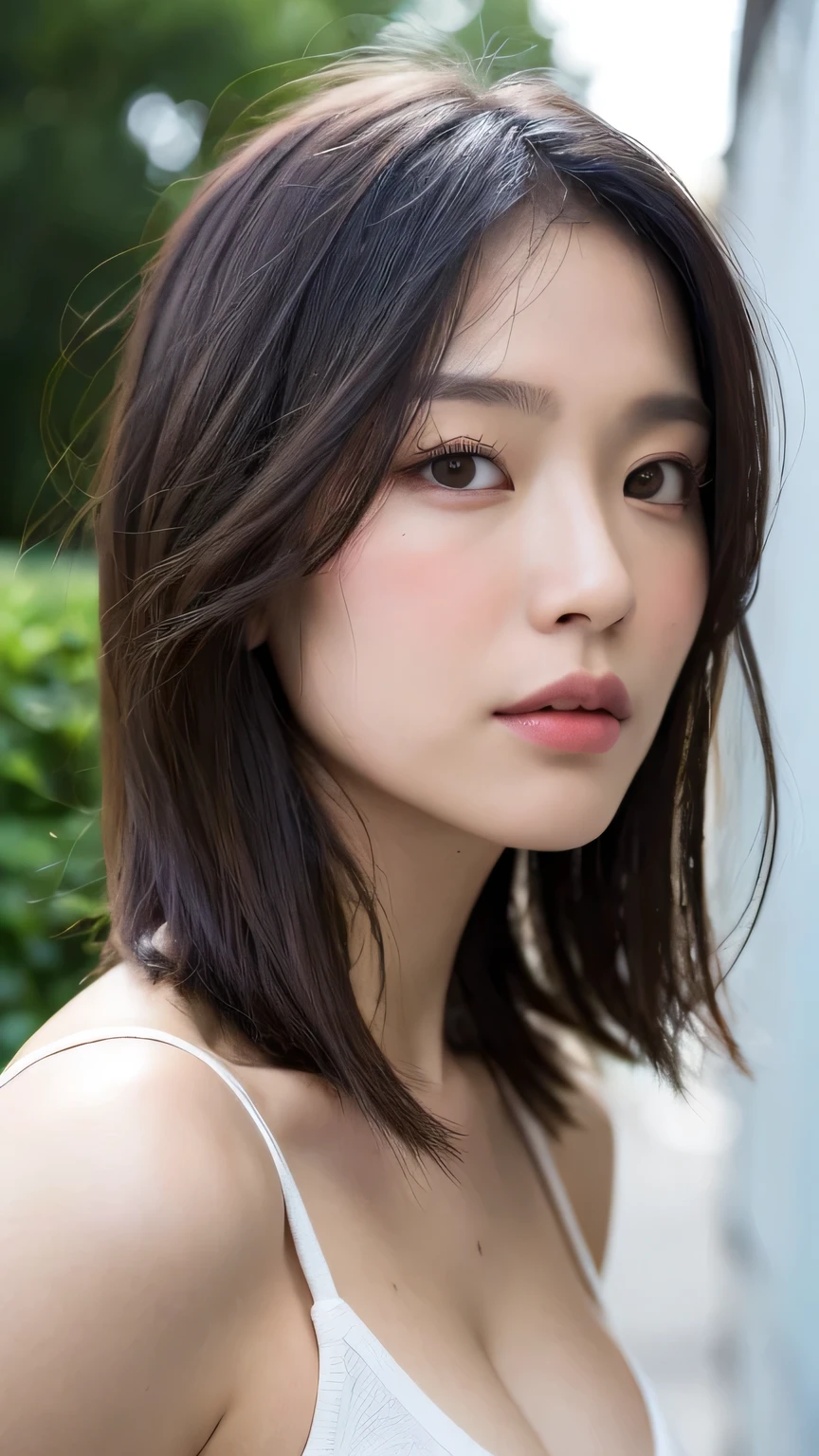 ((Highest quality, 8K, masterpiece: 1.3)), sharp: 1.2, Perfect physique: 1.4, Slim Abs: 1.2, ((Layered Hairstyles, Large Breasts: 1.2)), (Wet白いボタンが付いたショートオープンシャツ: 1.1), (rain, street: 1.2), Wet: 1.5, Highly detailed face and skin texture, Fine grain, double eyelid, Profile looking at the camera