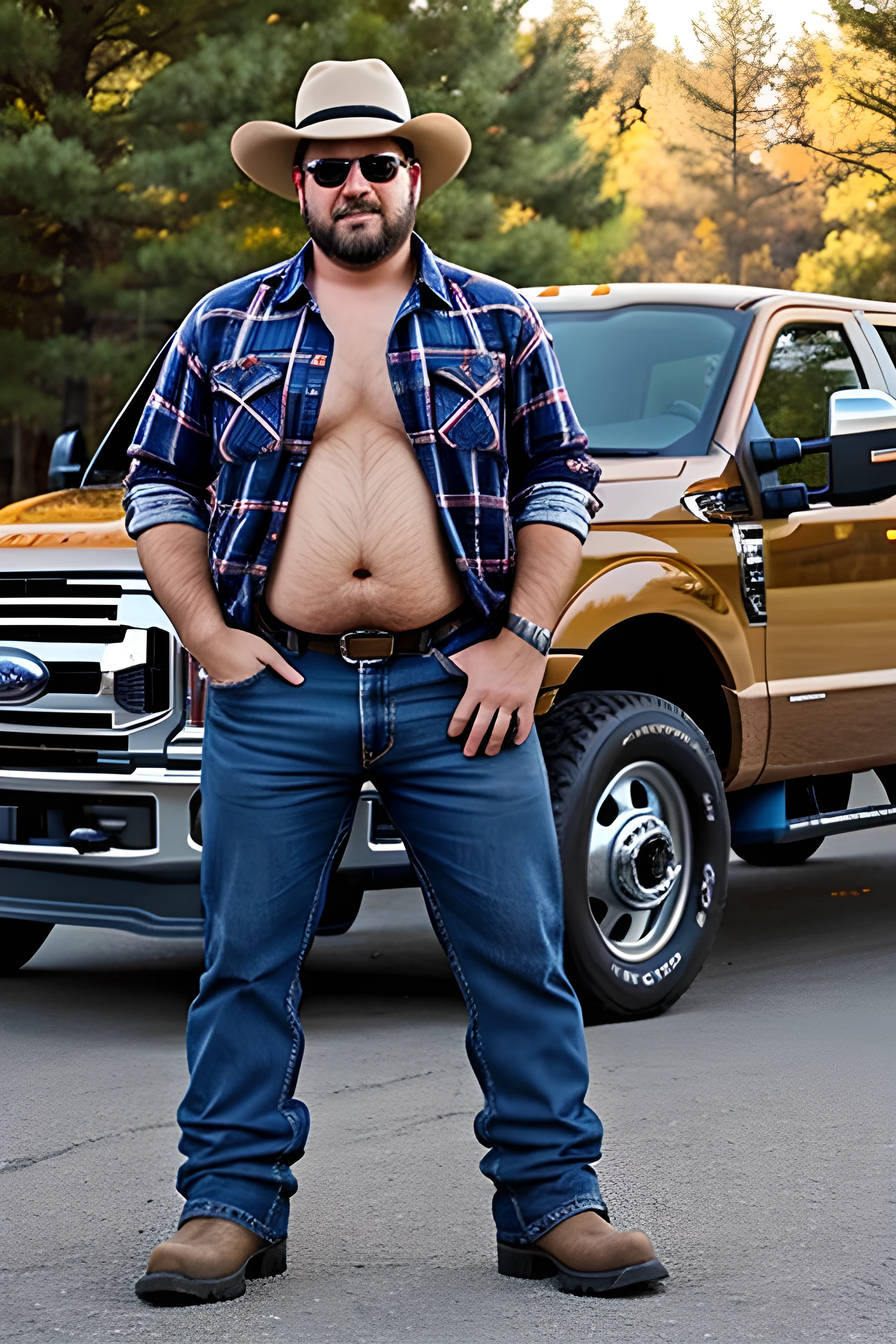 A man, big beer belly, coy boy hat, flannel shirt, blue jeans, steel toe boots, behind him is a ford f 250, large
