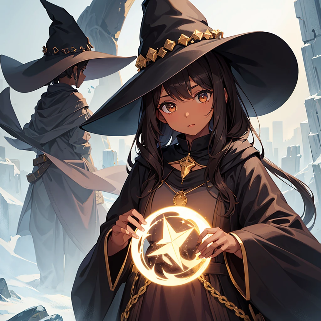 Girl with brown skin and dark brown medium hair and dark brown eyes and a black witch hat. Making a spell 