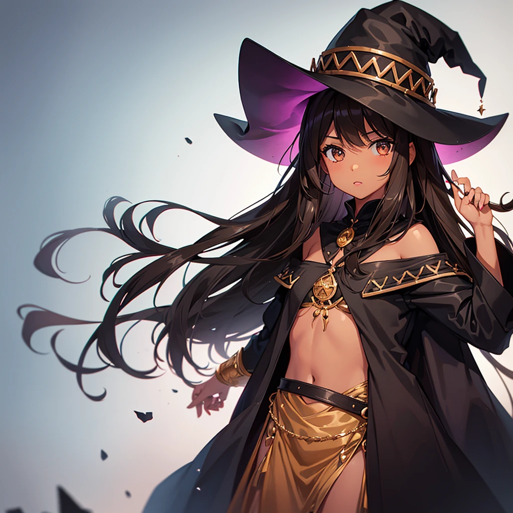 Girl with brown skin and dark brown medium hair and dark brown eyes and a black witch hat. Making a spell 