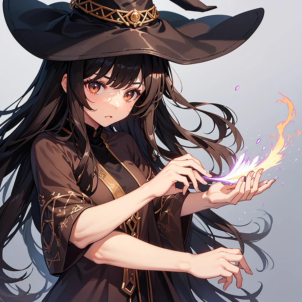 Girl with brown skin and dark brown medium hair and dark brown eyes and a black witch hat. Making a spell