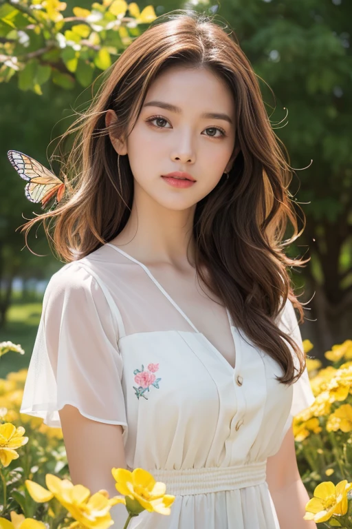 highest quality、Perfect Face、Perfect Style、perfect body、Sunburn、beautiful lady、mature、long curly layer brown hair、Swept-back hair、full body, sexly 、charming、healthy、of the highest quality、8K、
BREAK Enjoying a cute spring outing surrounded by beautiful yellow flowers and nature with my cute puppy。. This illustration is、Highly detailed illustrations in 4K resolution with highly detailed facial features and cartoon-style visuals。, (Butterfly Dance)